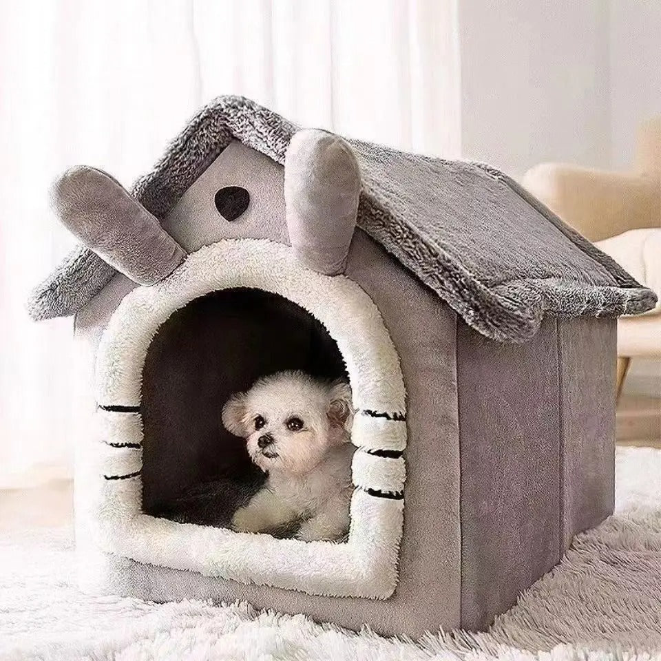 Dog peeking out from a cozy gray pet house with a fluffy interior.