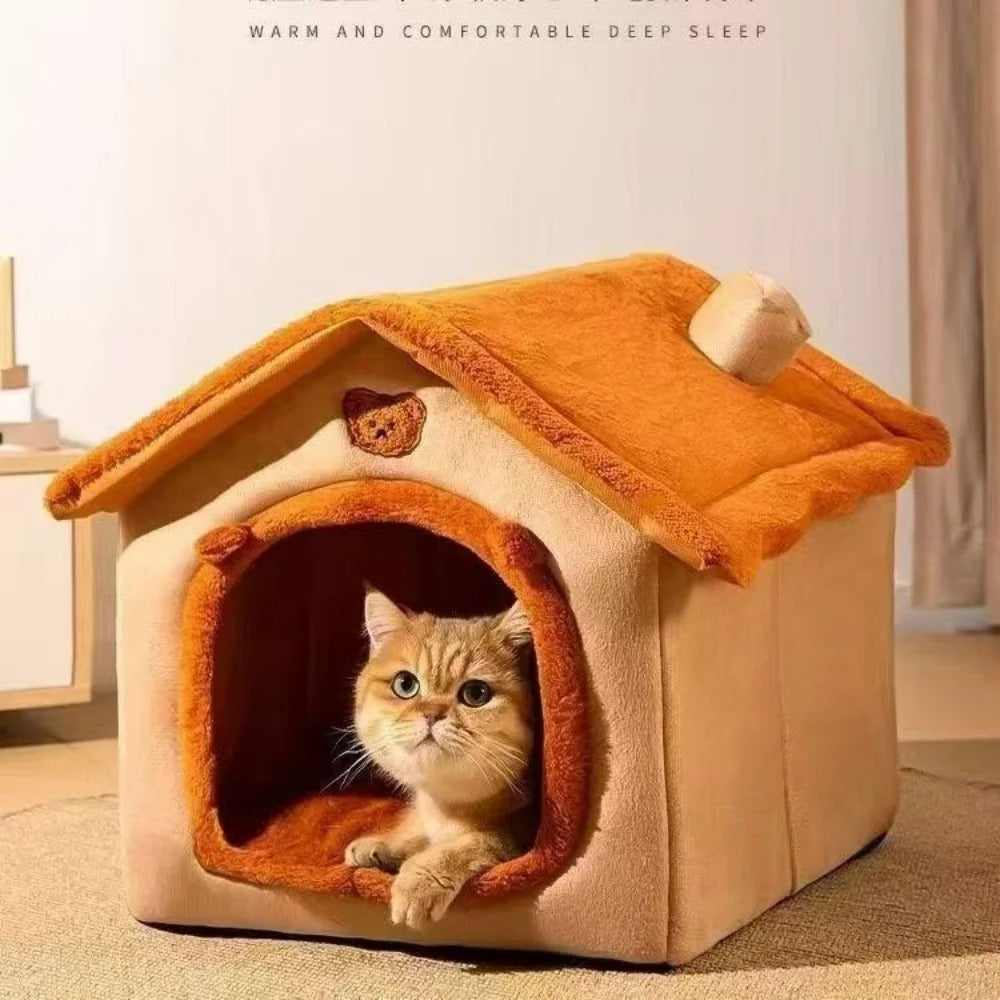 Cat peeking out from a cozy pet house with a warm and comfortable text above