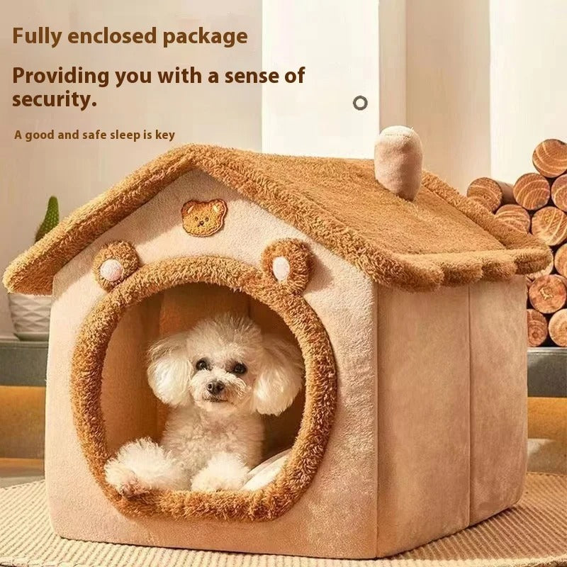 Dog house with a white dog inside, surrounded by wood logs.