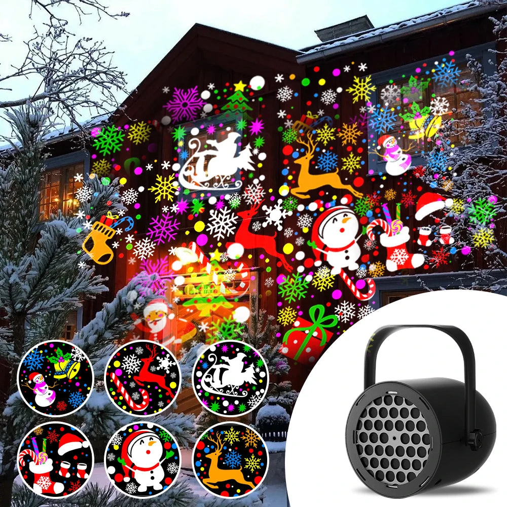 Outdoor Christmas light projector displaying festive designs on a house exterior with inset images of different projection patterns.
